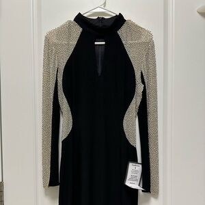 Xscape Black Long Sleeve Dress with Silver Beaded Shoulders